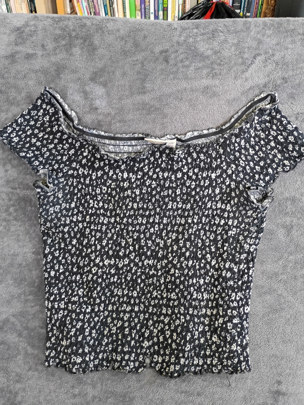 Vintage Black Floral Smocked Off-Shoulder Crop Top